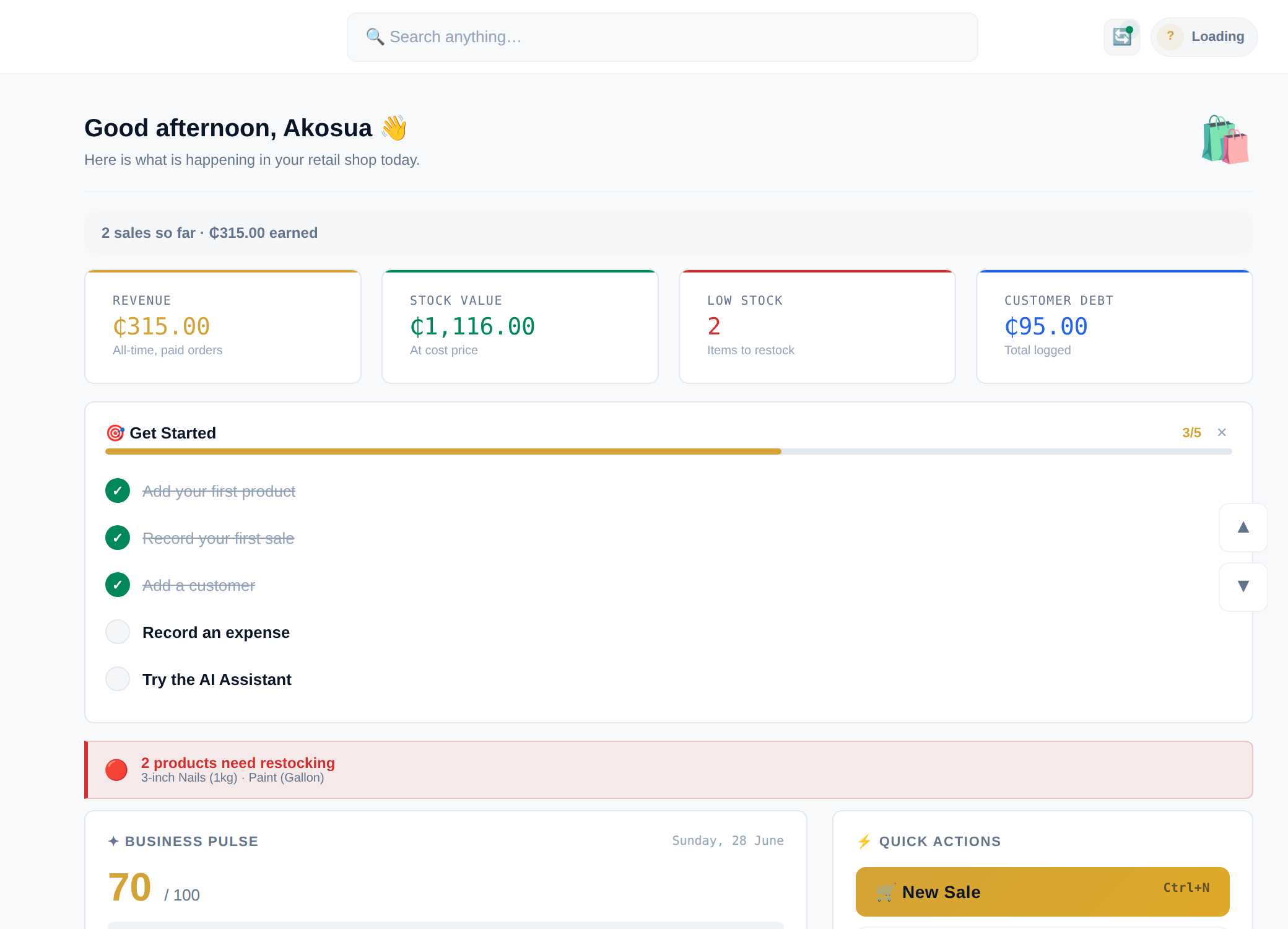 BizTrack Pro dashboard showing real sales, stock value, and customer debt for a Ghanaian hardware shop